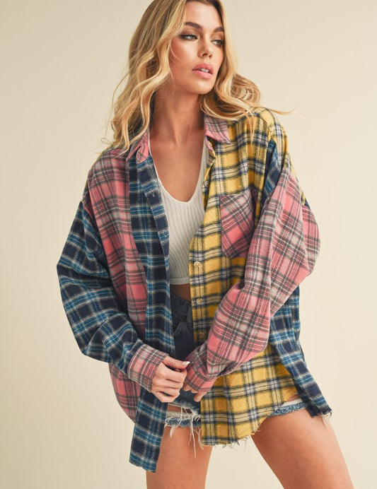 Aemi + Co Frayed Hem Color Block Plaid Drop Shoulder Shirt