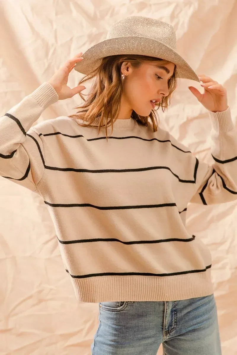 SO ME Stripe Crew Neck Basic Essential Sweater - DAVERRI FASHIONS