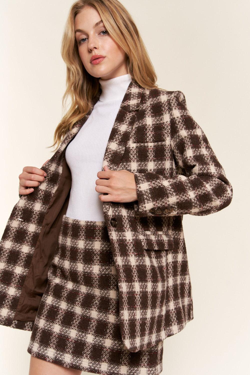 Brown And The Why Full Size Plaid Brushed One Button Blazer | Daverri Fashions