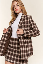 Brown and cream plaid wool blazer with matching skirt