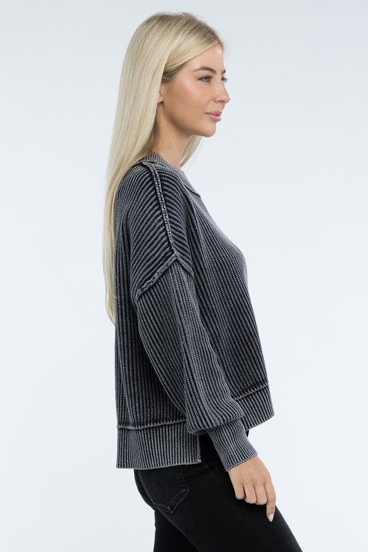 Washed Side Slit Oversized Cropped Cotton Sweater Tops