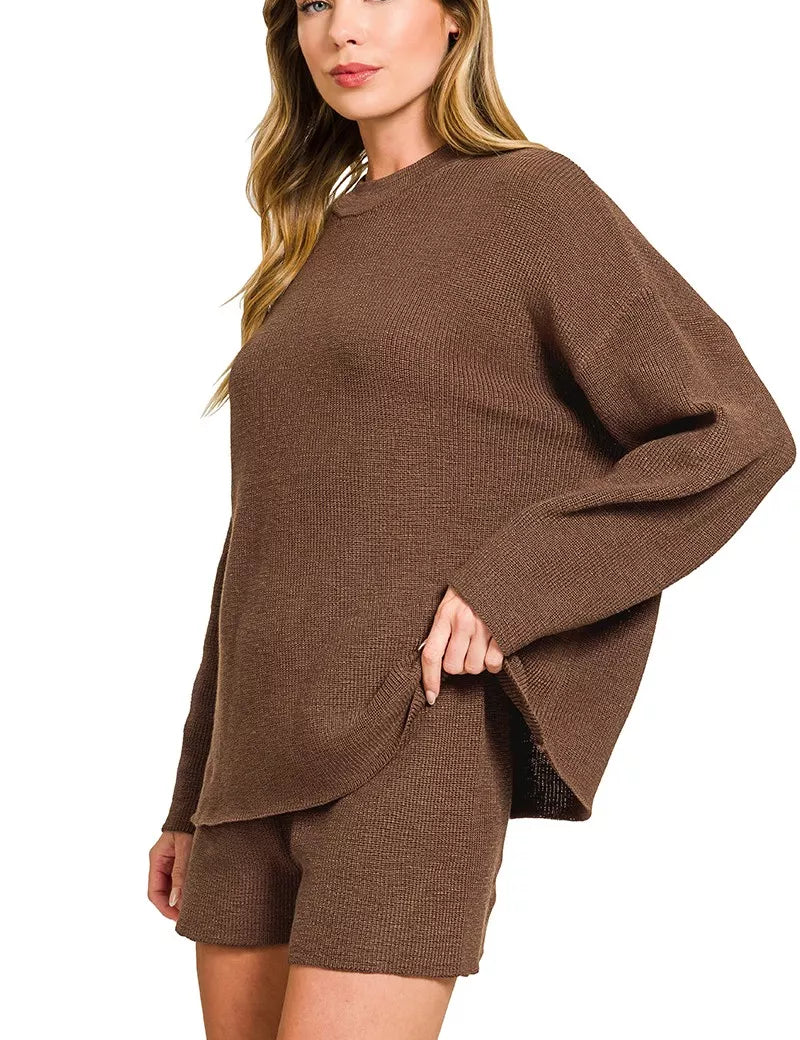 Zenana Round Neck Knit Top and Shorts Sweater Set | Loungewear Sets Daverri Fashions