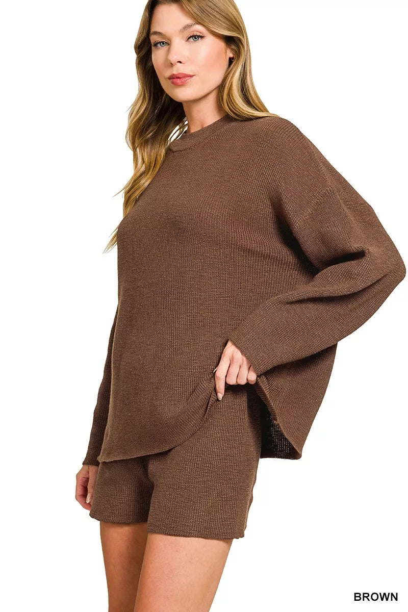 Zenana Round Neck Knit Top and Shorts Sweater Set | Loungewear Sets Daverri Fashions