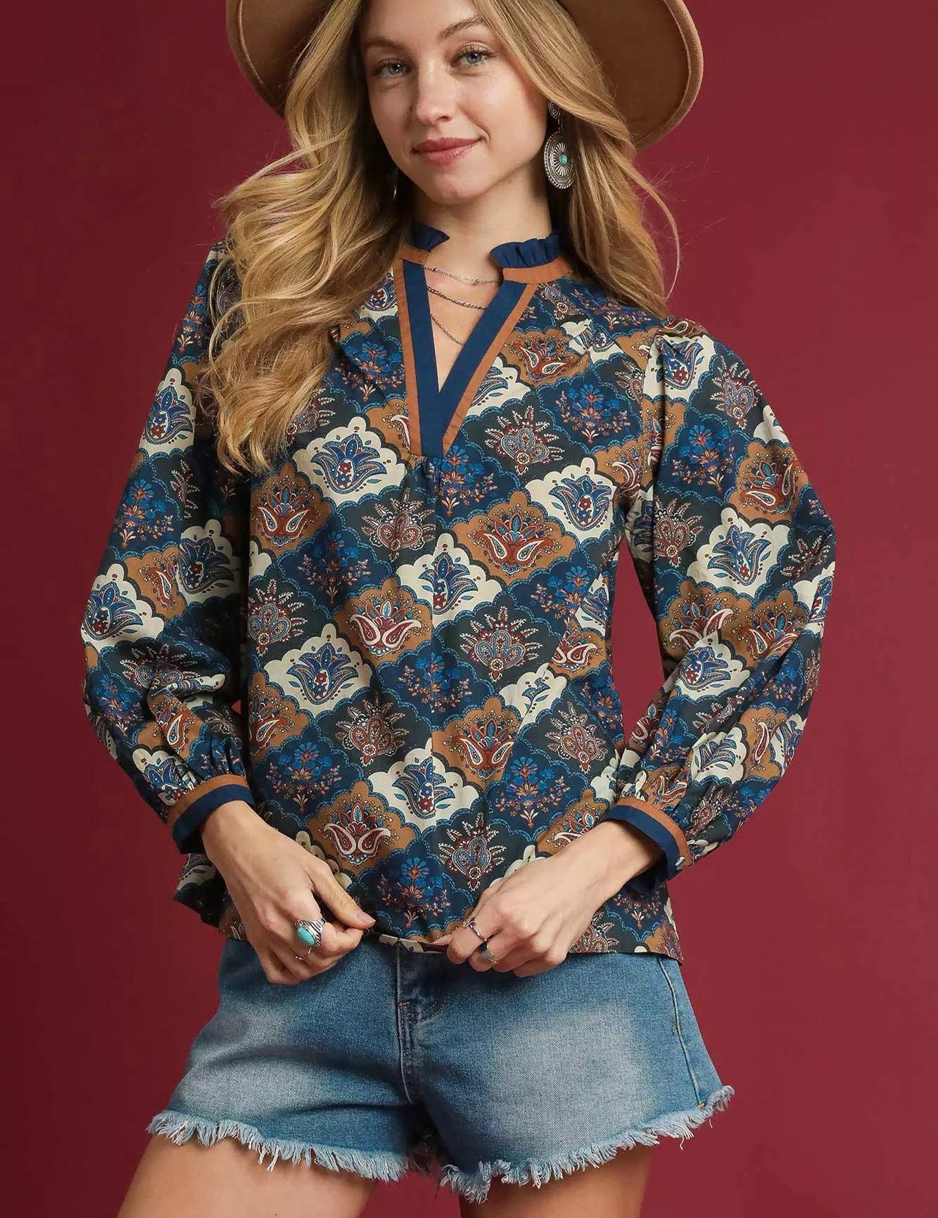 NAVY MIX Umgee Abstract Print Ruffle Neck Top | Blouses Daverri Fashions