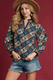 NAVY MIX Umgee Abstract Print Ruffle Neck Top | Blouses Daverri Fashions