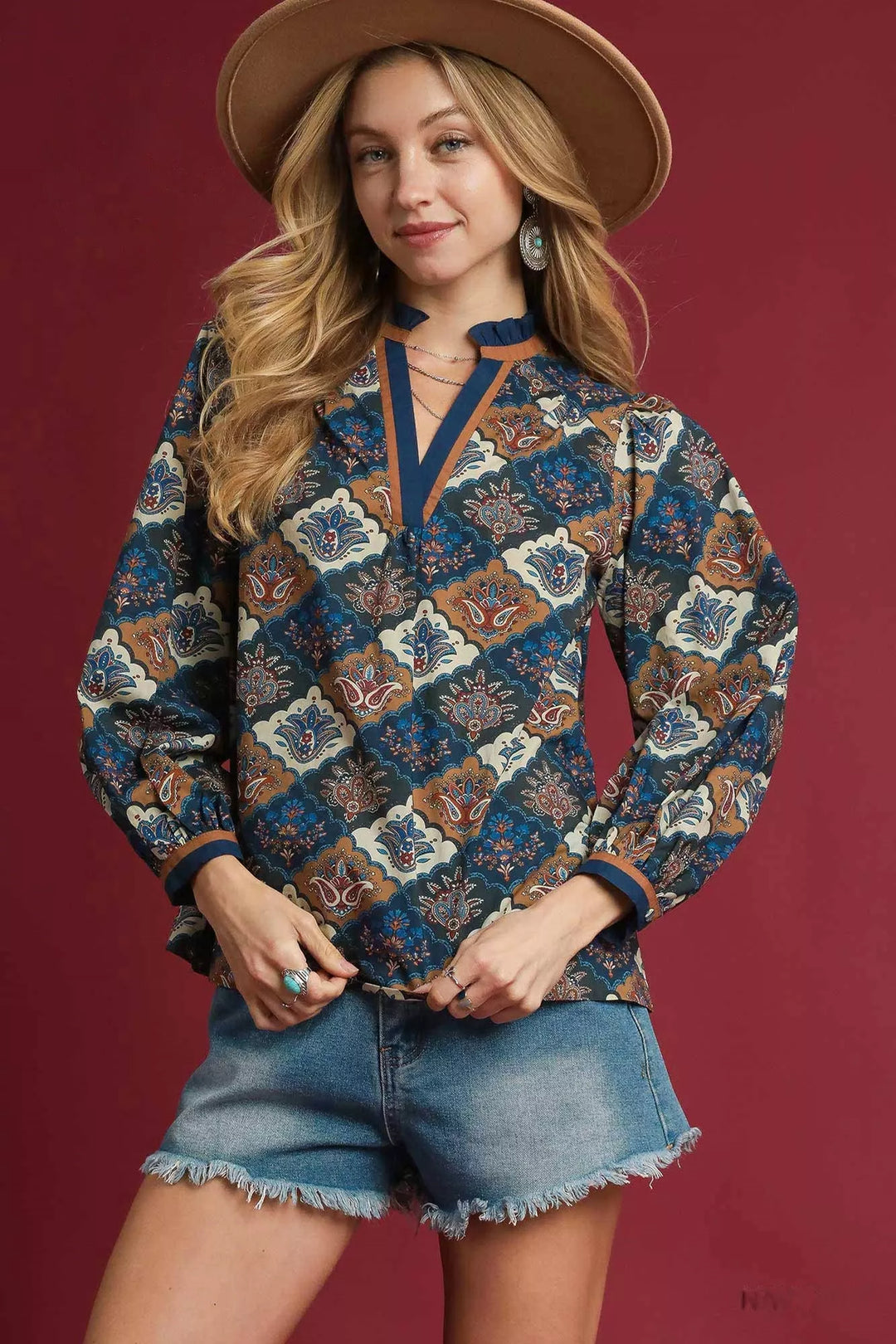 NAVY MIX Umgee Abstract Print Ruffle Neck Top | Blouses Daverri Fashions