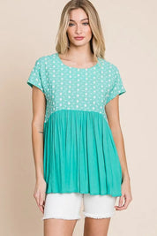 Lime 'N' Chili Full Size Embroidered Short Sleeve Pleated Babydoll Top Plus Size | Tops Daverri Fashions