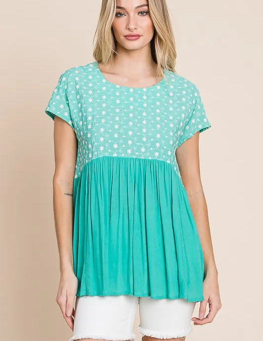 Lime 'N' Chili Full Size Embroidered Short Sleeve Pleated Babydoll Top Plus Size | Tops Daverri Fashions