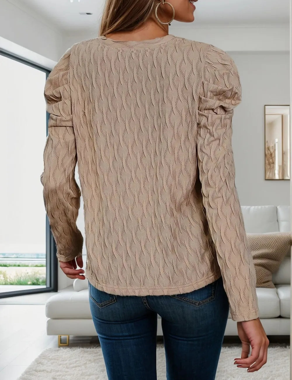 Beige cable knit V-neck puff sleeve sweater with round neckline