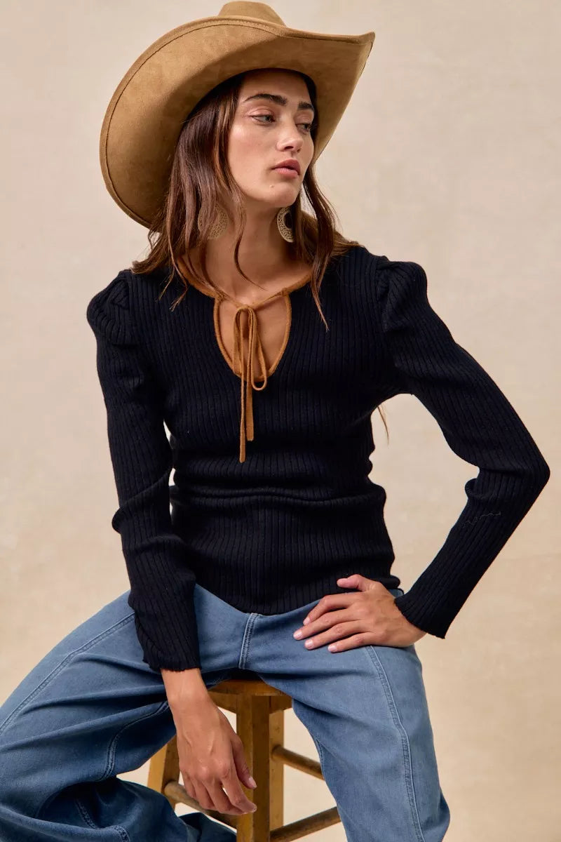 BiBi Ribbed Contrast Front Tied Shirred Fabric Top | Tops Daverri Fashions