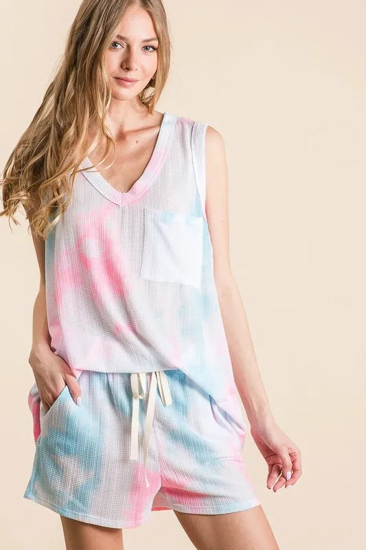 BiBi Tie Dye Textured Knit Top and Shorts Set Short Sets
