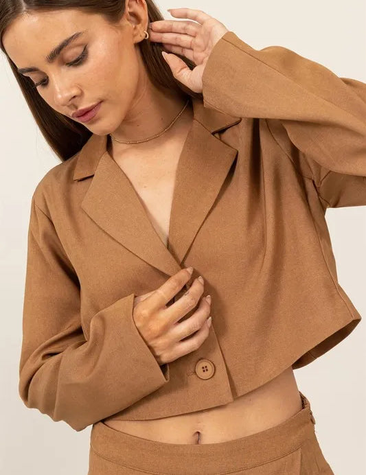 KHAKI HYFVE Cropped Button-Down Blazer | Daverri Fashions