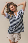 BiBi navy white striped V-neck knit top with contrast cuffs