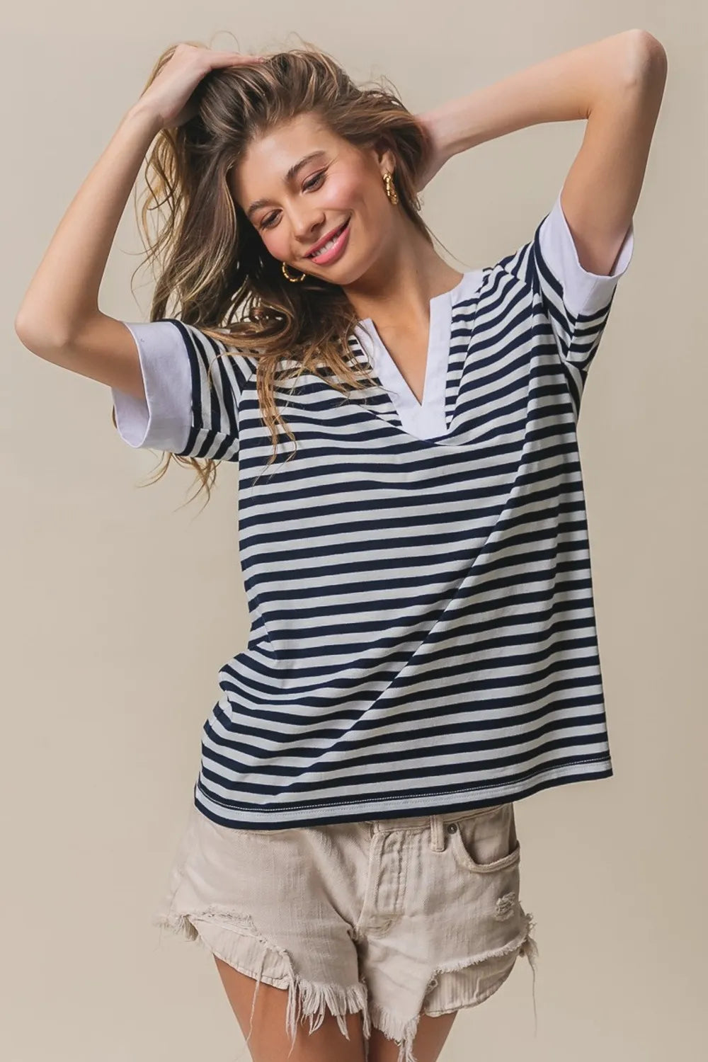BiBi navy white striped V-neck knit top with contrast cuffs