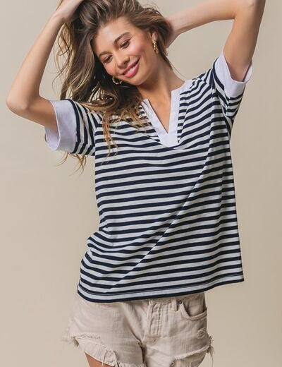 BiBi Contrast Striped Notched Knit Top Tops