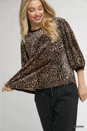Brown Umgee Leopard Round Neck Three-Quarter Sleeve Blouse | Blouses Daverri Fashions
