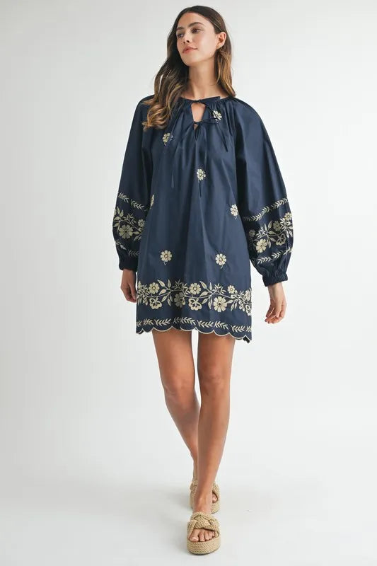 MABLE Embroidered Long Sleeve Peasant Mini Dress Mini Dresses