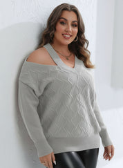 Plus size cutout V-neck grey cable knit off-shoulder sweater with heart sunglasses