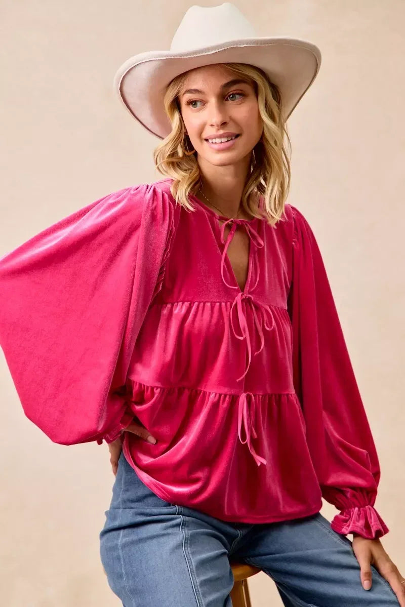 BiBi Christmas Theme Velvet Bow Tied Blouse - DAVERRI FASHIONS