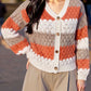 Cozy color block button-up cardigan in burnt orange, cream, beige stripes with scalloped edges