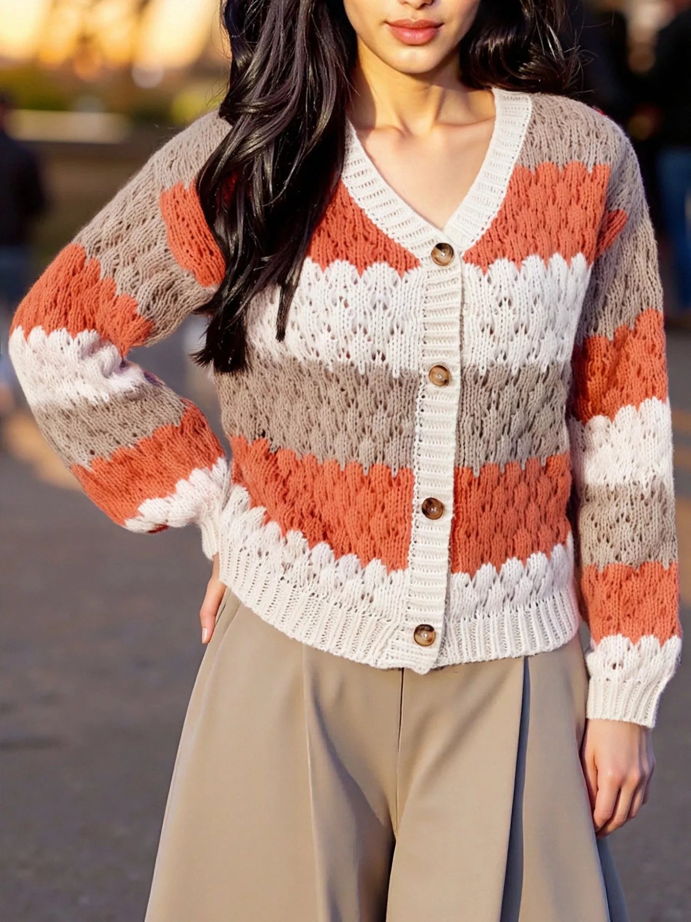 Cozy color block button-up cardigan in burnt orange, cream, beige stripes with scalloped edges