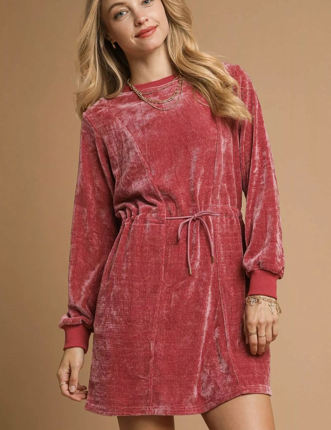 BURGUNDY Umgee Velour Drawstring Mini Dress with Long Sleeves | Daverri Fashions
