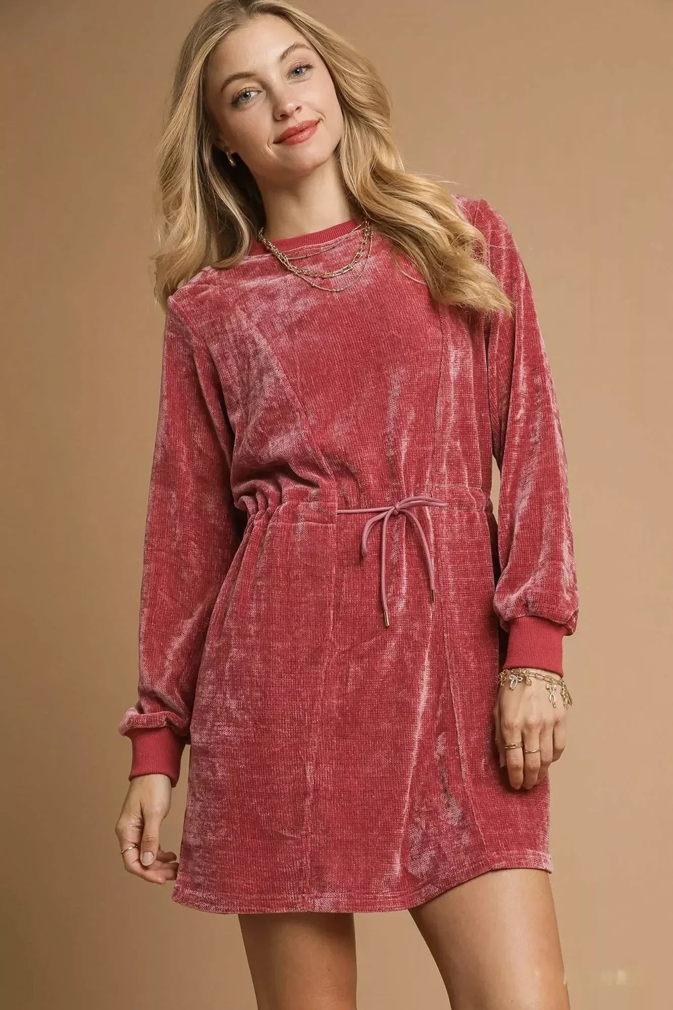 Umgee Velour Drawstring Mini Dress with Long Sleeves - DAVERRI FASHIONS