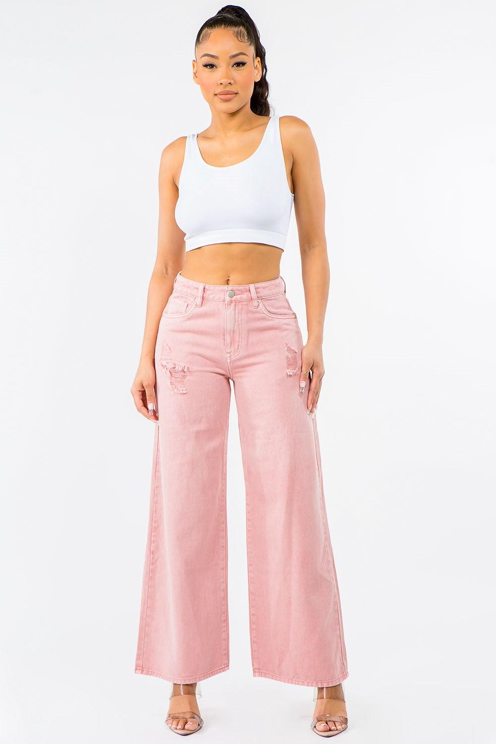 American Bazi Blush Pink High Waist Distressed Wide Leg Jeans Jeans
