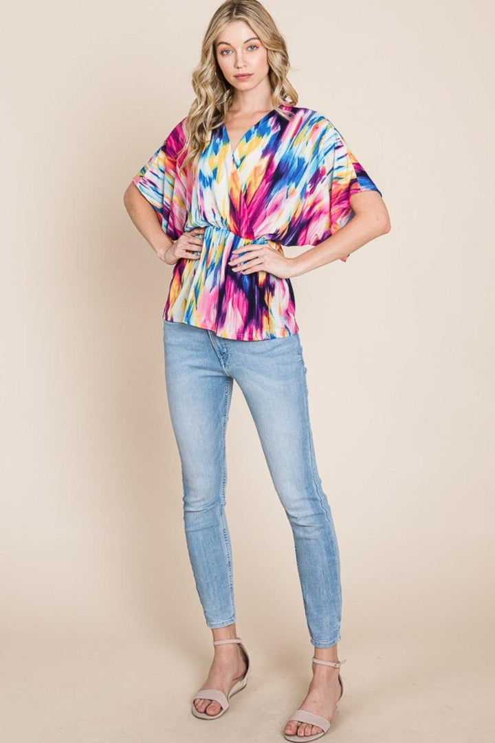 BOMBOM Printed Surplice Peplum Blouse Shirts & Tops