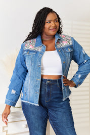 Baeful Leopard Floral Distressed Raw Hem Denim Jacket | Jackets Daverri Fashions
