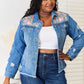 Baeful Leopard Floral Distressed Raw Hem Denim Jacket Jackets
