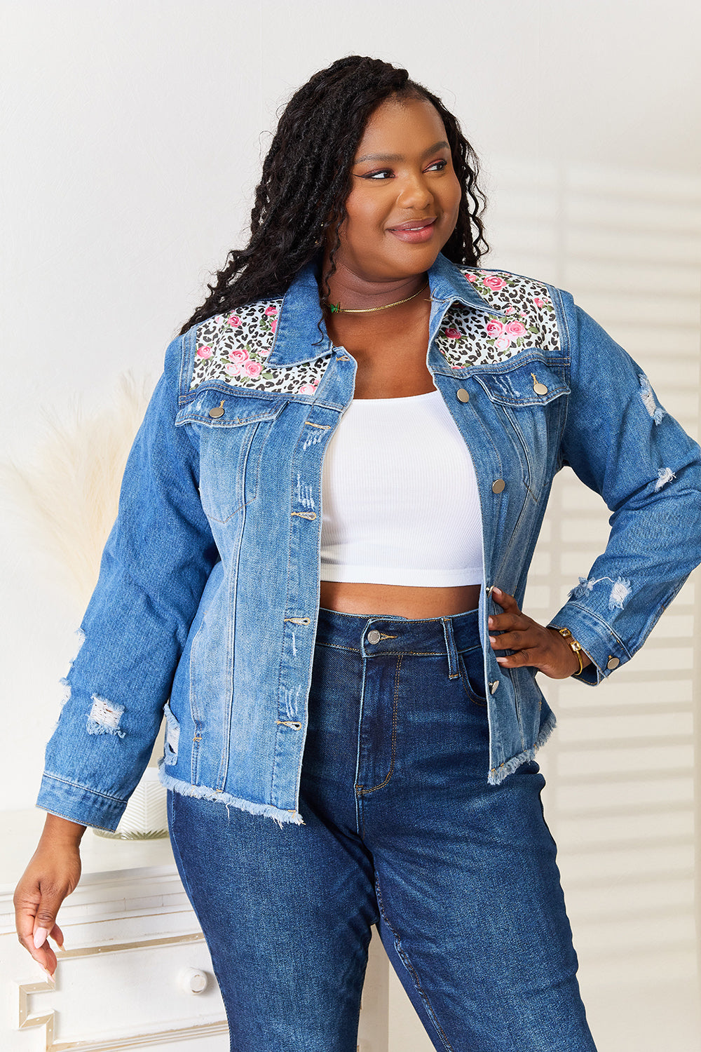Baeful Leopard Floral Distressed Raw Hem Denim Jacket Jackets