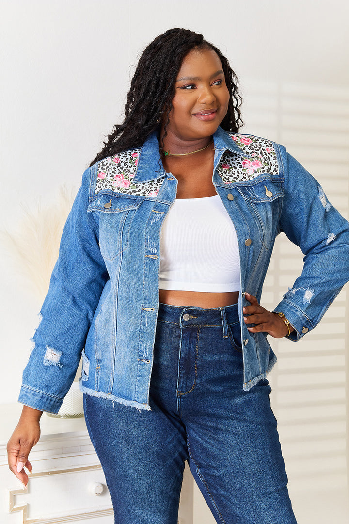Baeful Leopard Floral Distressed Raw Hem Denim Jacket Jackets