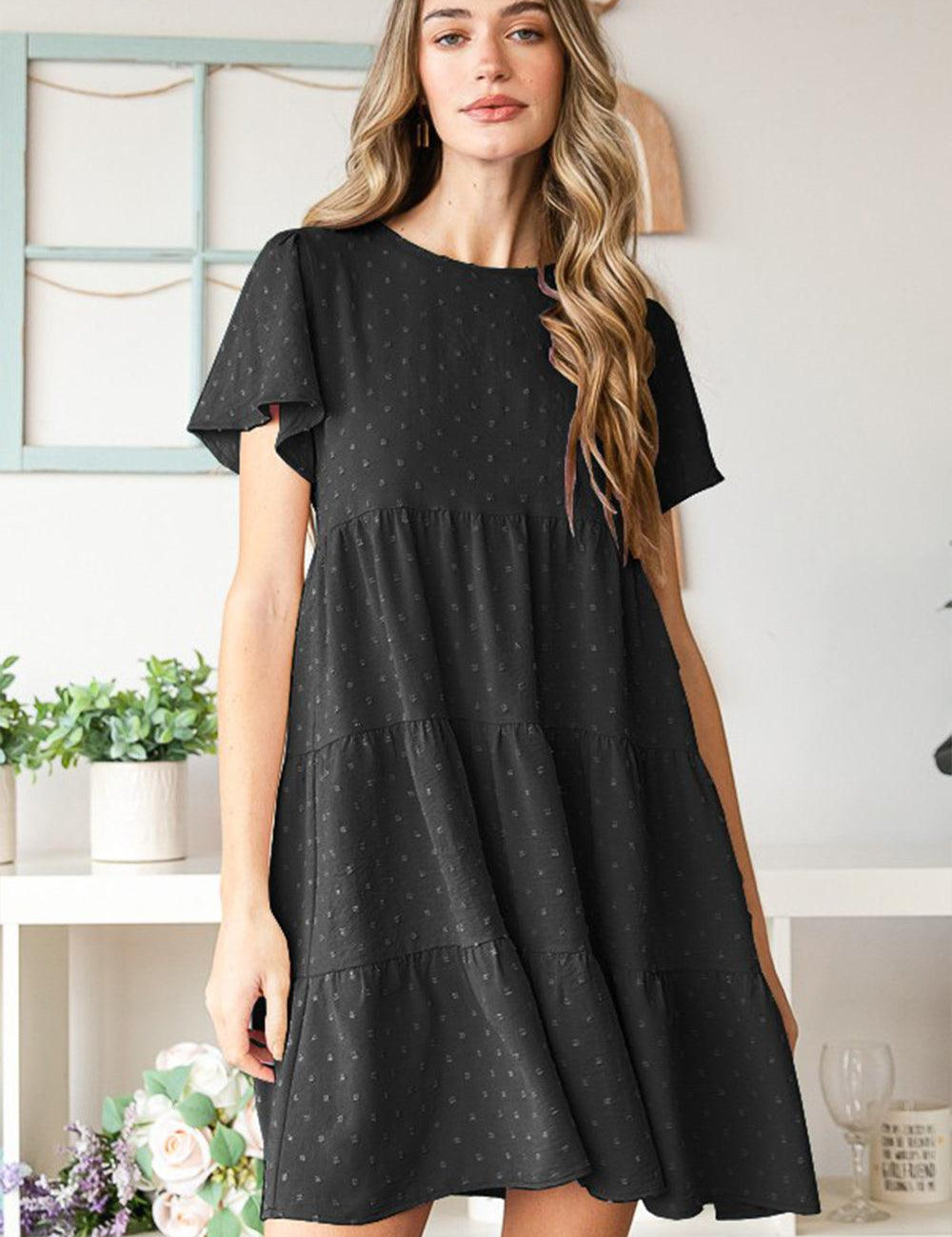 Black Heimish Swiss Dot Short Sleeve Tiered Dress | Daverri Fashions