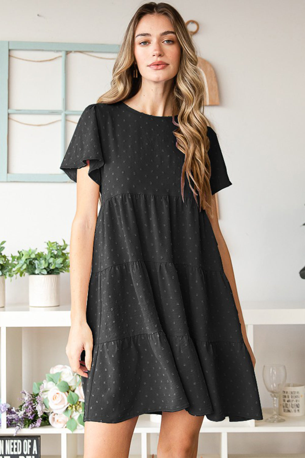 Heimish Swiss Dot Short Sleeve Tiered Dress Black