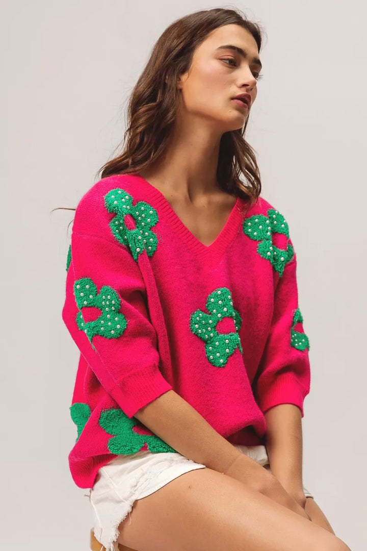 BiBi Pearl Beads Flowers Sweater Top Sweaters