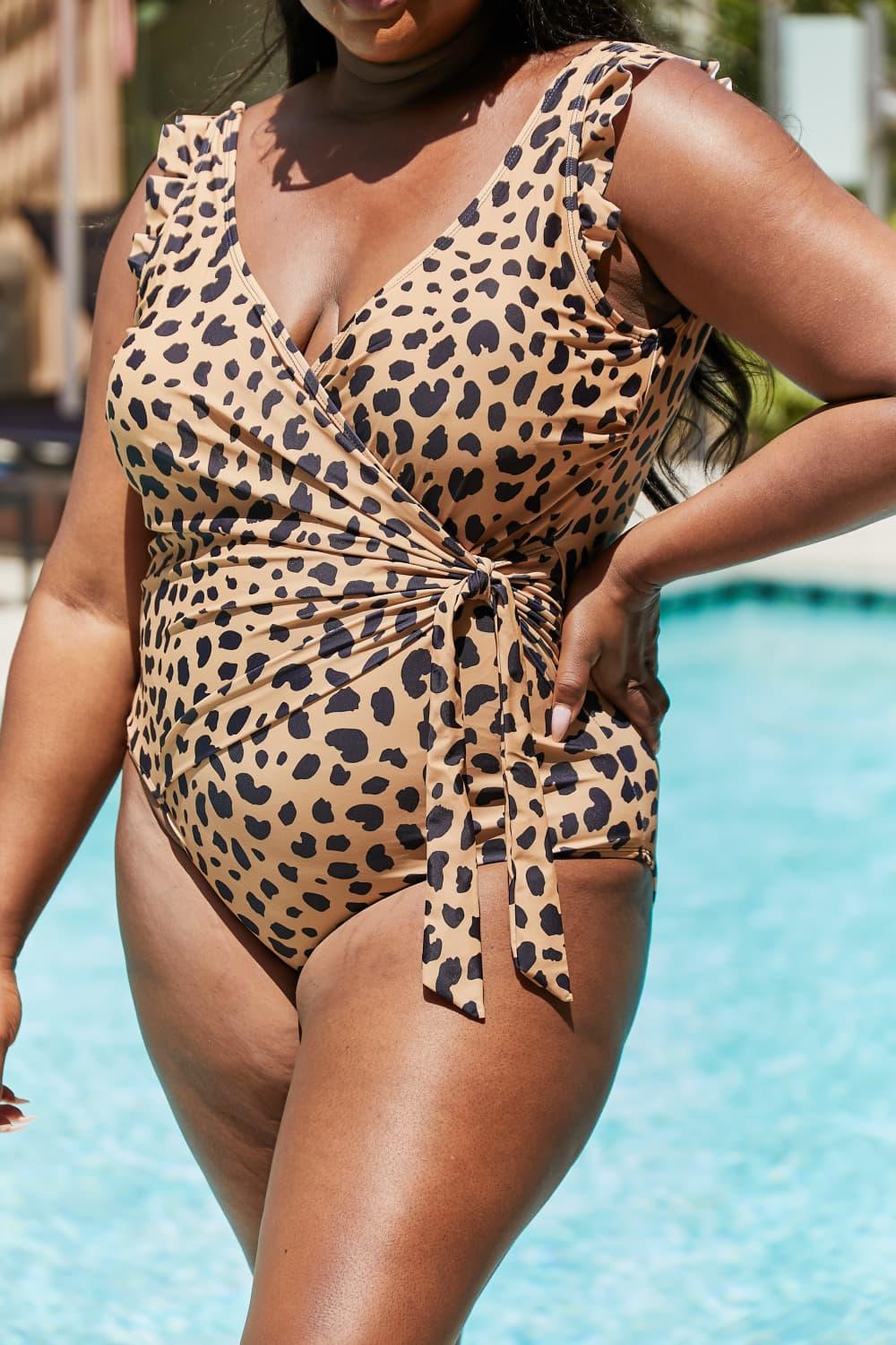 Marina West Swim Full Size Float On Ruffle Faux Wrap One-Piece in Leopard Swimwear