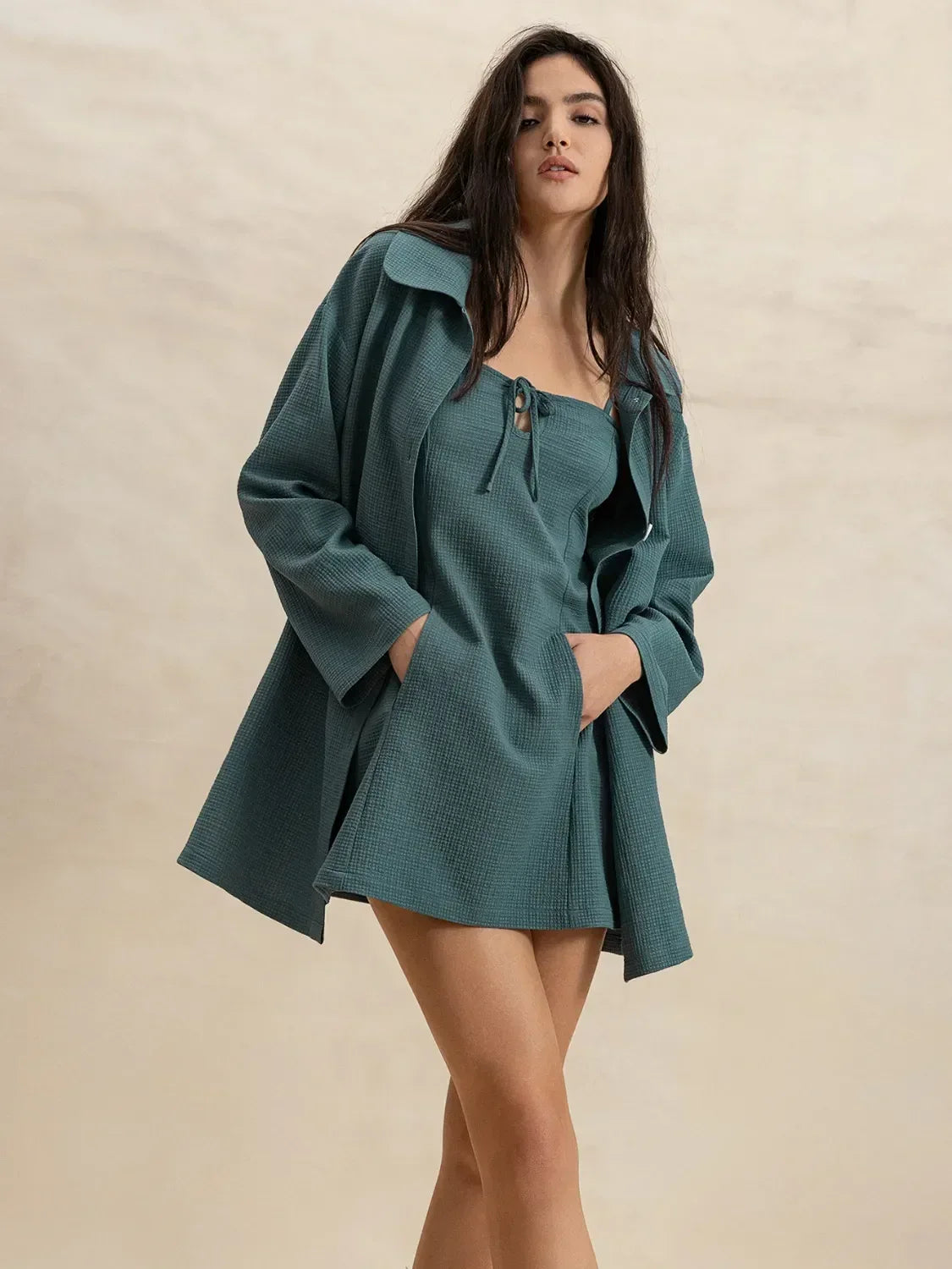 Tie Shoulder Mini Dress and Long Sleeve Top Set - DAVERRI FASHIONS