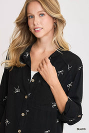 Umgee Linen Blend Fitted Shirt with Ribbon Embroidery Details | Shirts Daverri Fashions