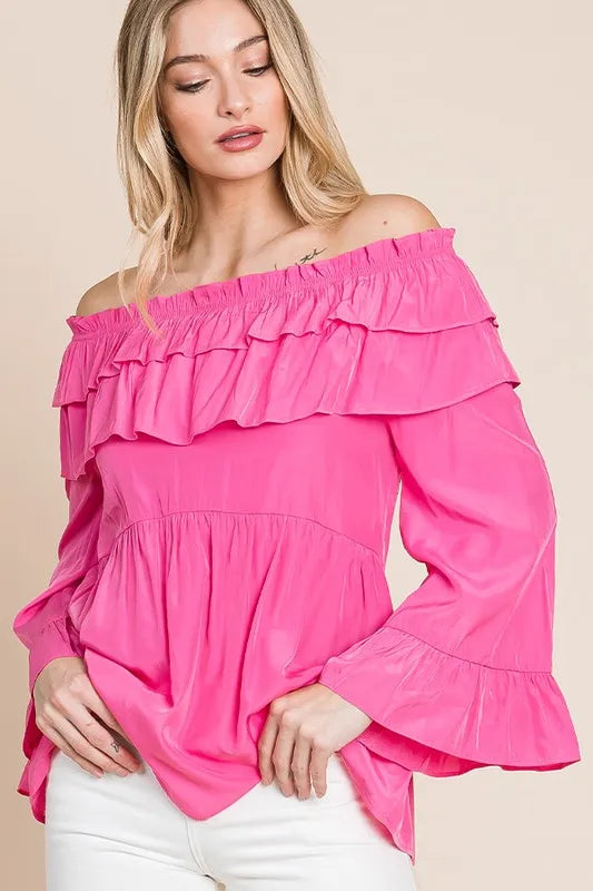 Lime 'N' Chili Ruffled Trumpet Sleeve Off-The-Shoulder Top | Tops Daverri Fashions