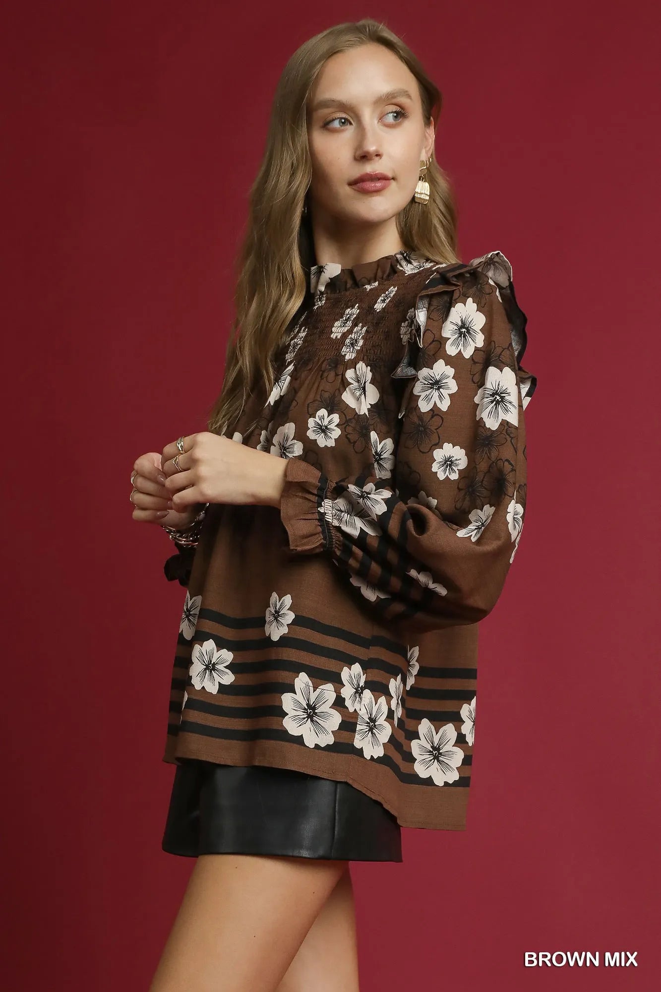 Umgee Full Size Mix Floral Smocked Ruffle Blouse Plus Size | Tops Daverri Fashions