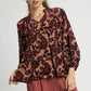 Umgee Floral Velvet Blouse with Balloon Sleeves GRAPE