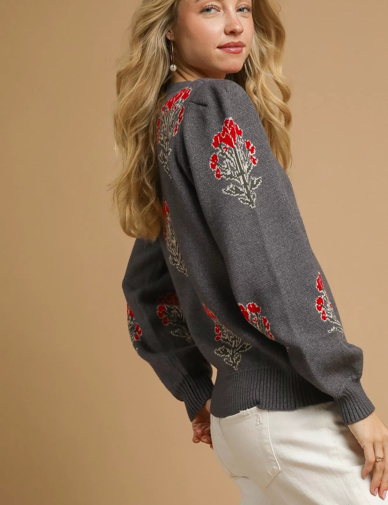 Umgee Single Flower Stem Jacquard Sweater | Sweaters Daverri Fashions