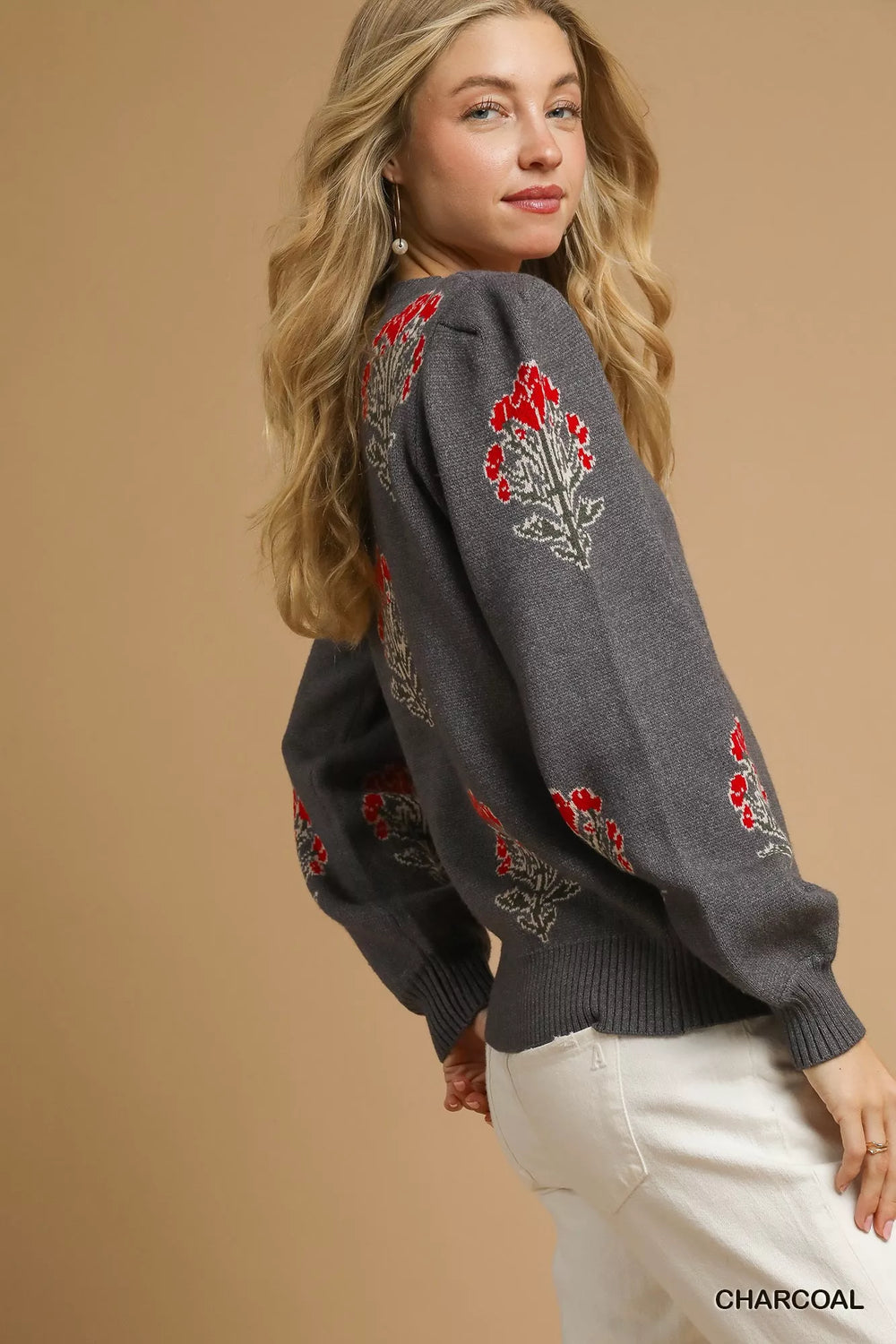 Umgee Single Flower Stem Jacquard Sweater | Sweaters Daverri Fashions
