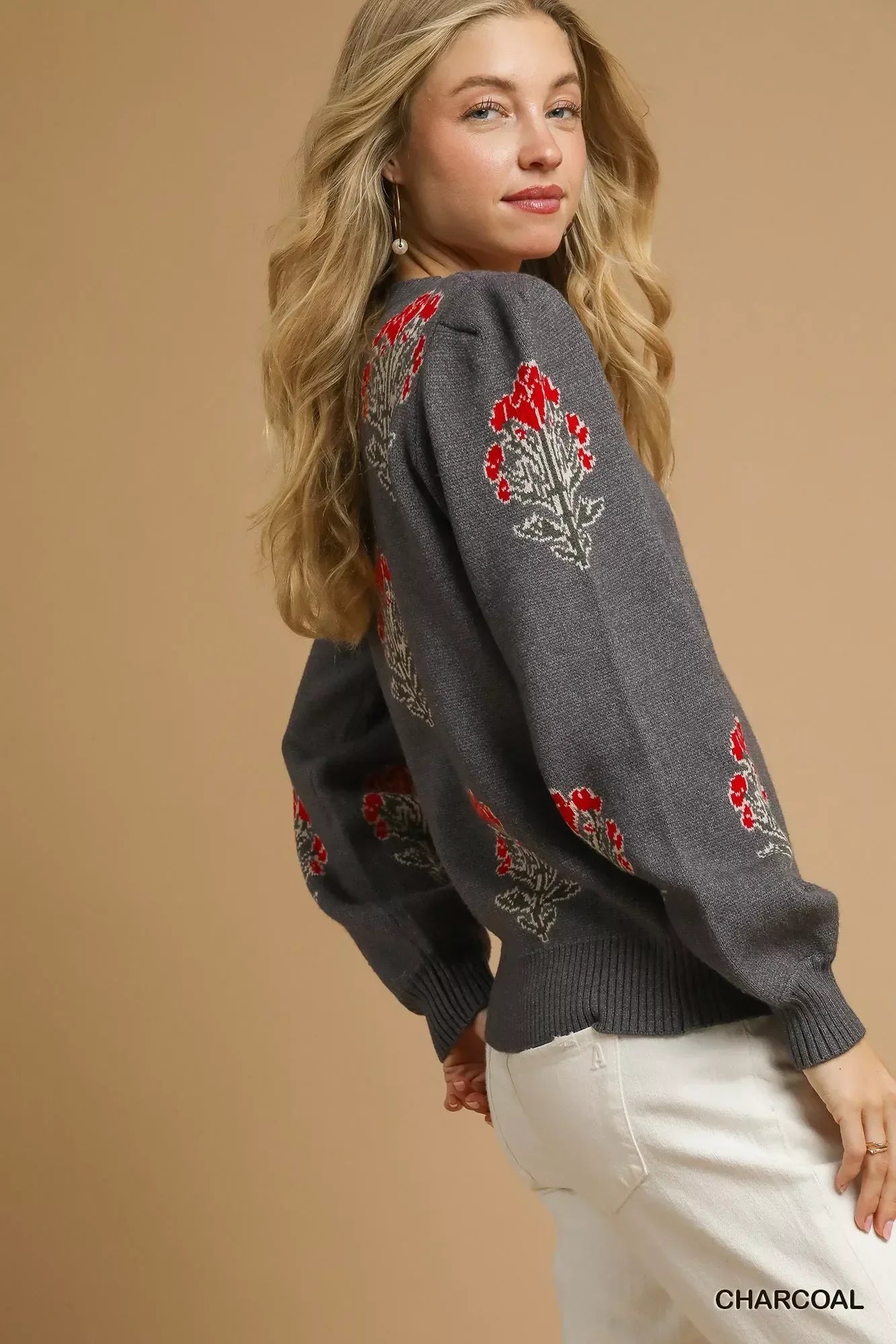 Umgee Single Flower Stem Jacquard Sweater - DAVERRI FASHIONS