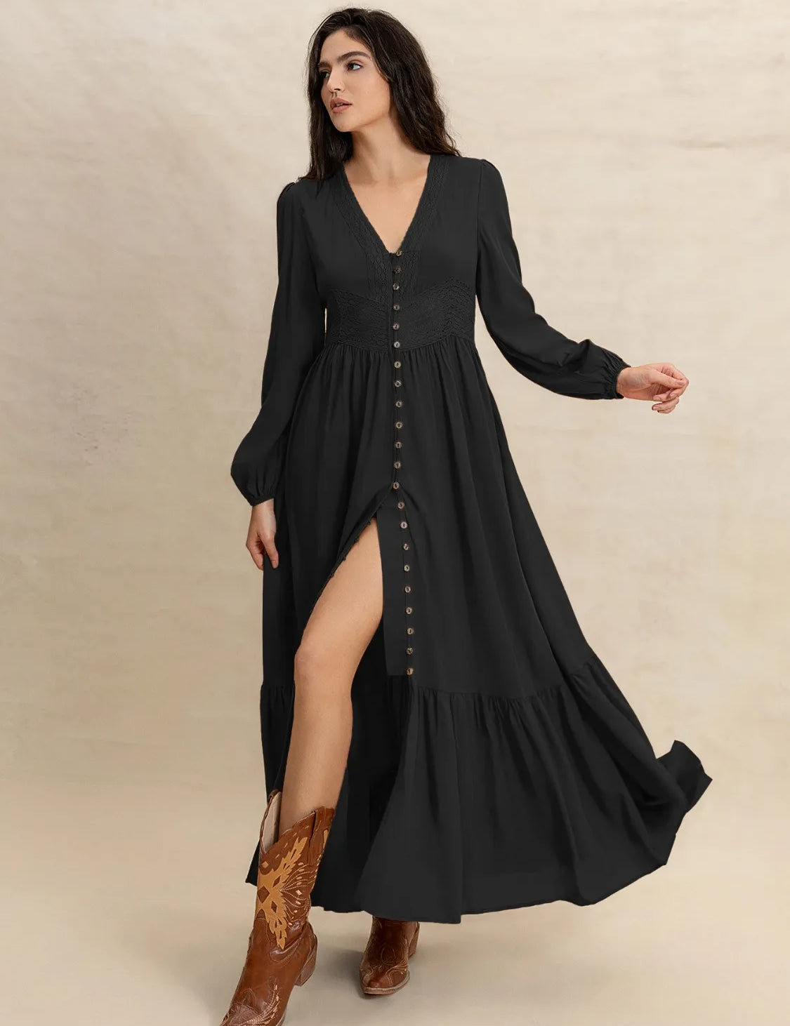 Black V-Neck Long Sleeve Dress | Daverri Fashions