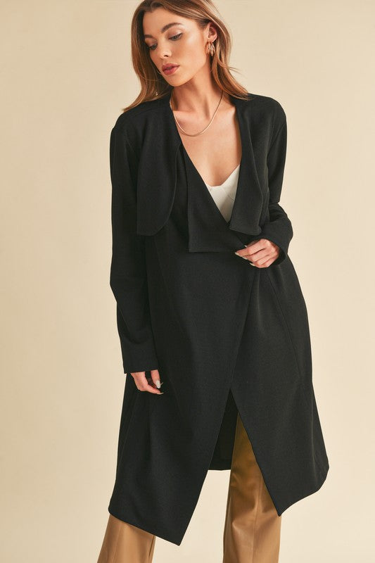 Aemi + Co Open Front Long Sleeve Longline Coat Black