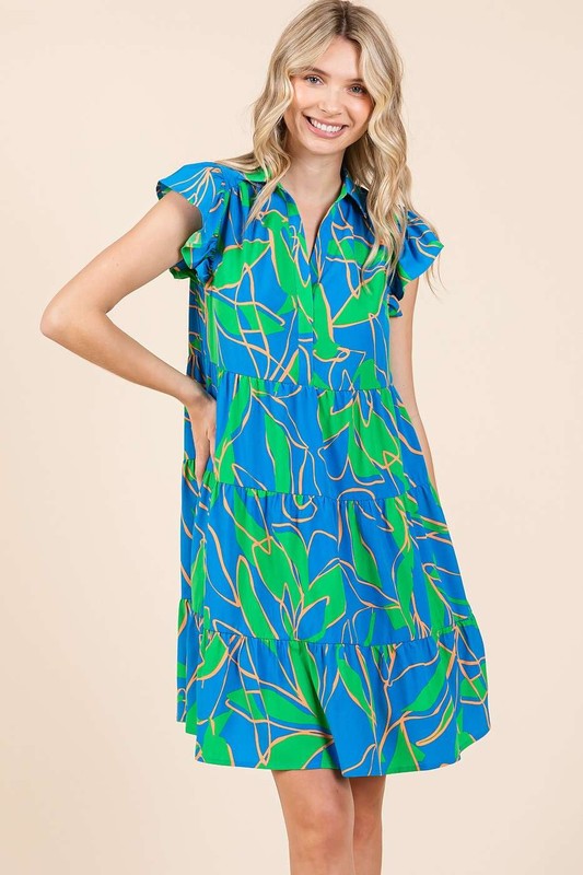 Mittoshop Leaf Print Ruffle Sleeve Tiered Mini Dress Blue Mini Dresses