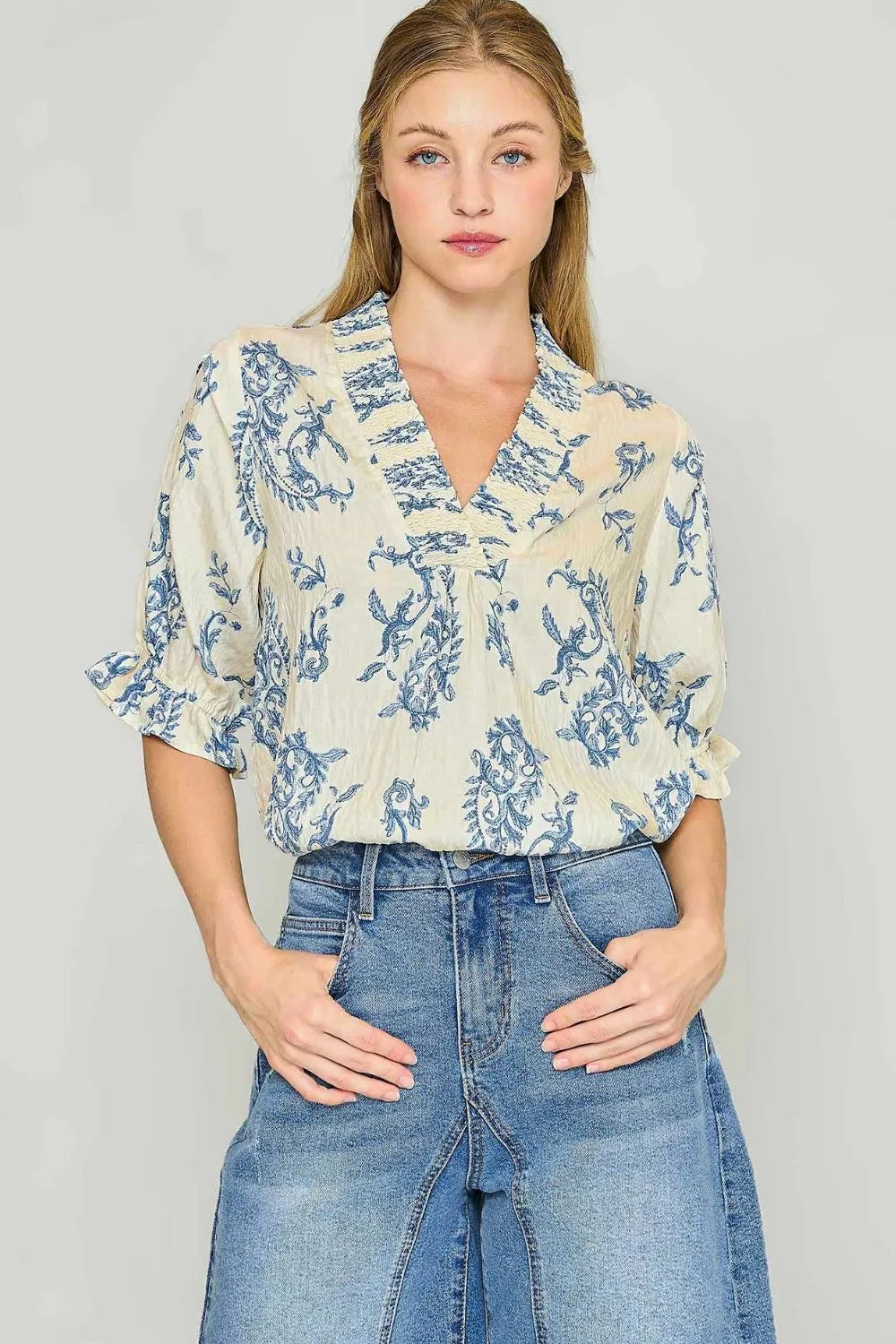 Umgee Ruffle Details Printed Half Sleeve Blouse Tops
