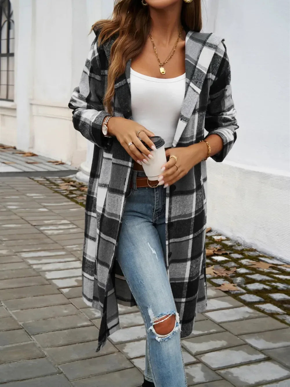 Devine Plaid Long Sleeve Hooded Coat - DAVERRI FASHIONS
